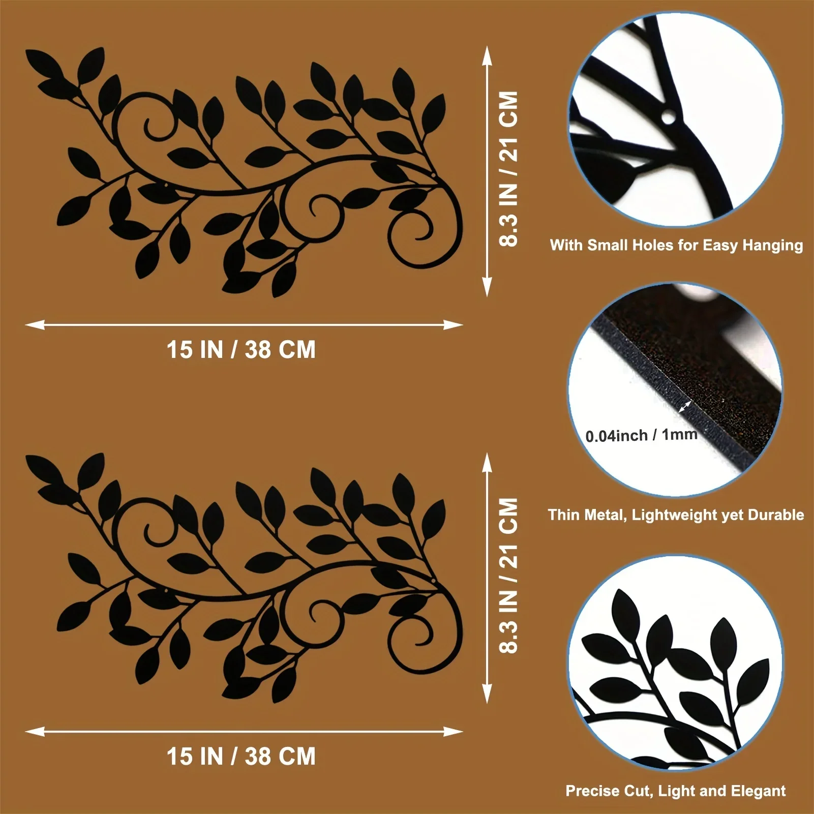 2 Pieces Wall Art Ornament Wall Hanging Sign, Metal Tree Leaf Wall Decor Black Vine Olive Branch Leaf Kids Room Kindergarten