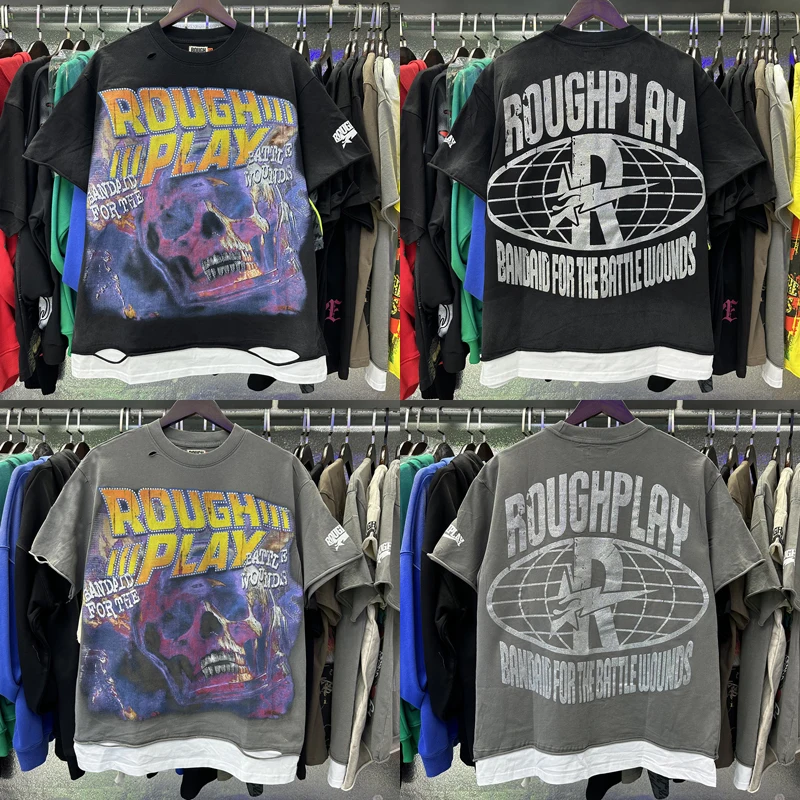 

Персонализированные трендовые футболки ROUGHPLAY для мужчин и женщин, повседневные ретро-футболки с принтом черепа и стразами, высокое качество, грубые игровые футболки