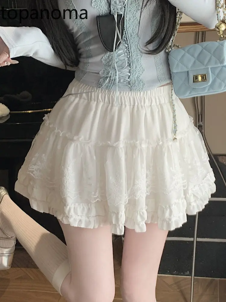 

Topanoma Mini Skirts Women Lace Patchwork Mesh Sweet Princess Spring Summer Stretch High Waist Pettiskirt Female Casual Skirt