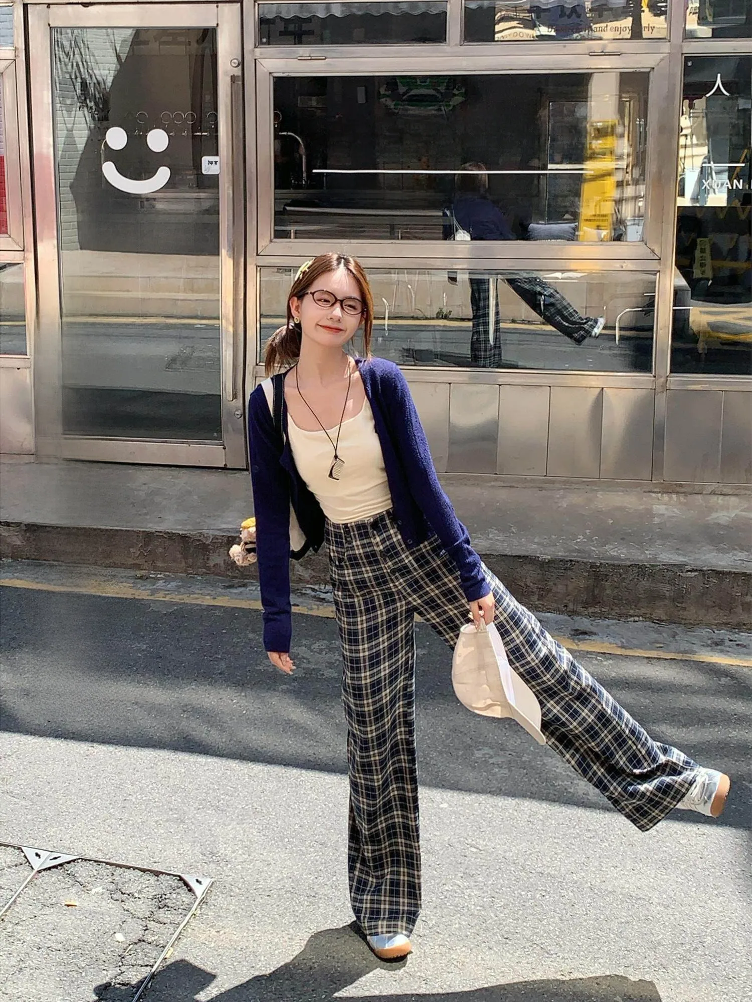 

Elegant High Waist Blue Plaid Casual Pants Women's Autumn Fashion Slimming Trousers Commute Style Polyester Fiber Wide Leg