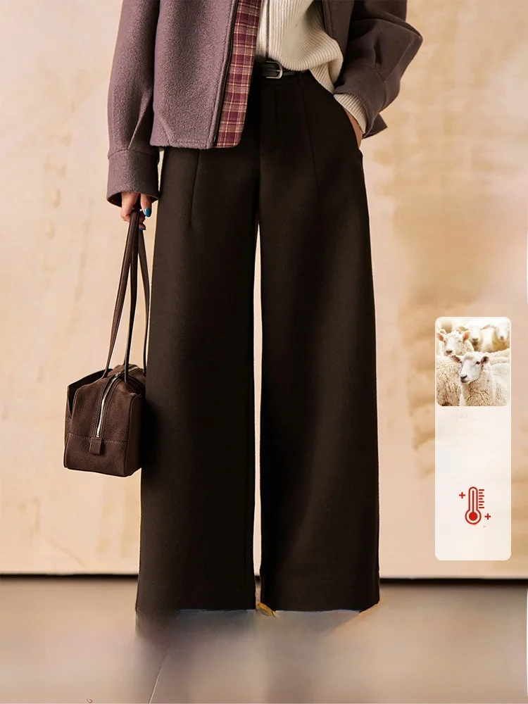 

Xhange Wool Blend Casual Pants Straight Leg Stitching Velvet Badge Natural Waist Zipper Closure Daily Wear Warmth Function