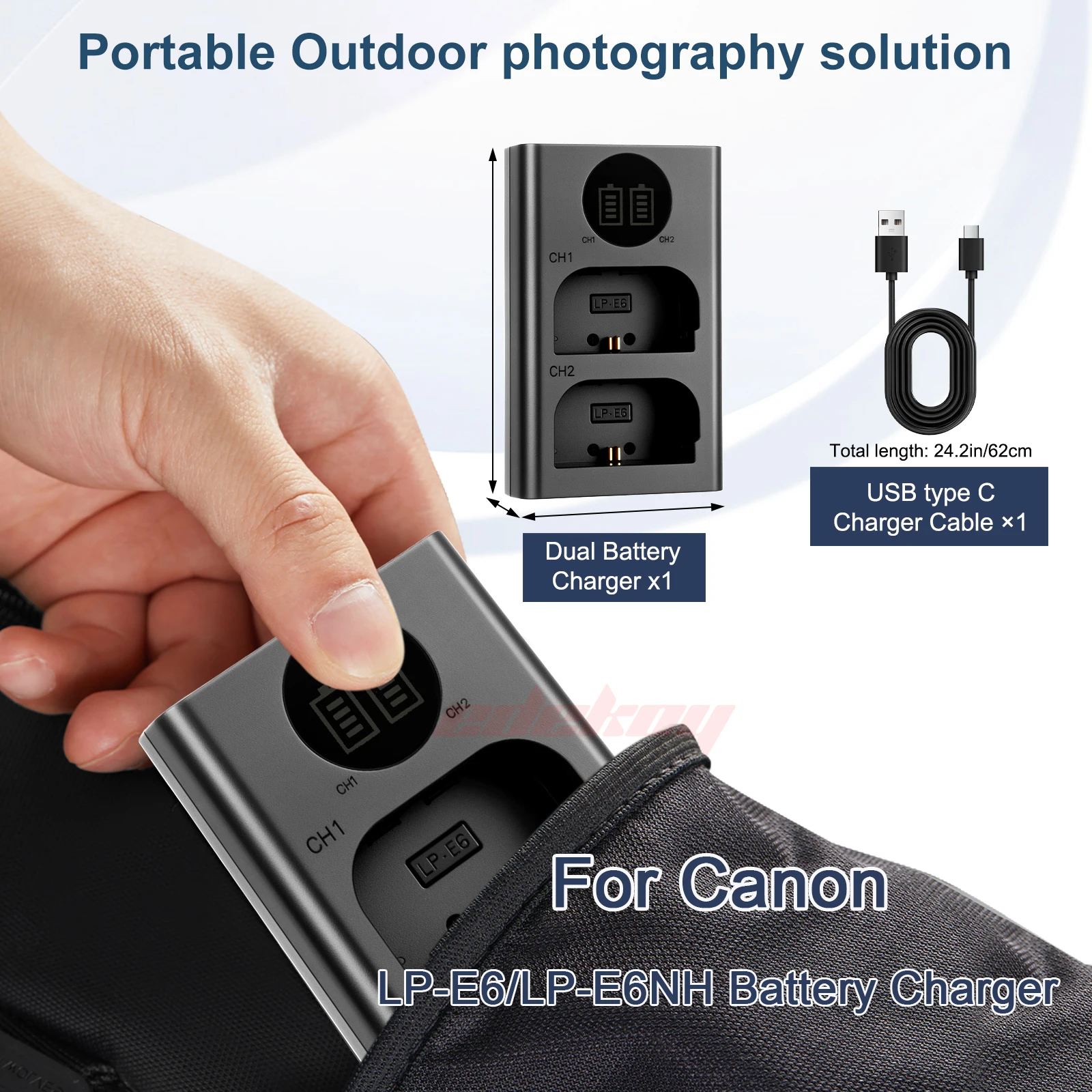 LP-E6 LPE6 LP-E6N LP-E6NH Battery Charger for Canon EOS 5D Mark II III IV, EOS 5DS, 5DS R, EOS 6D LCD Dual Charger Type C LPE6
