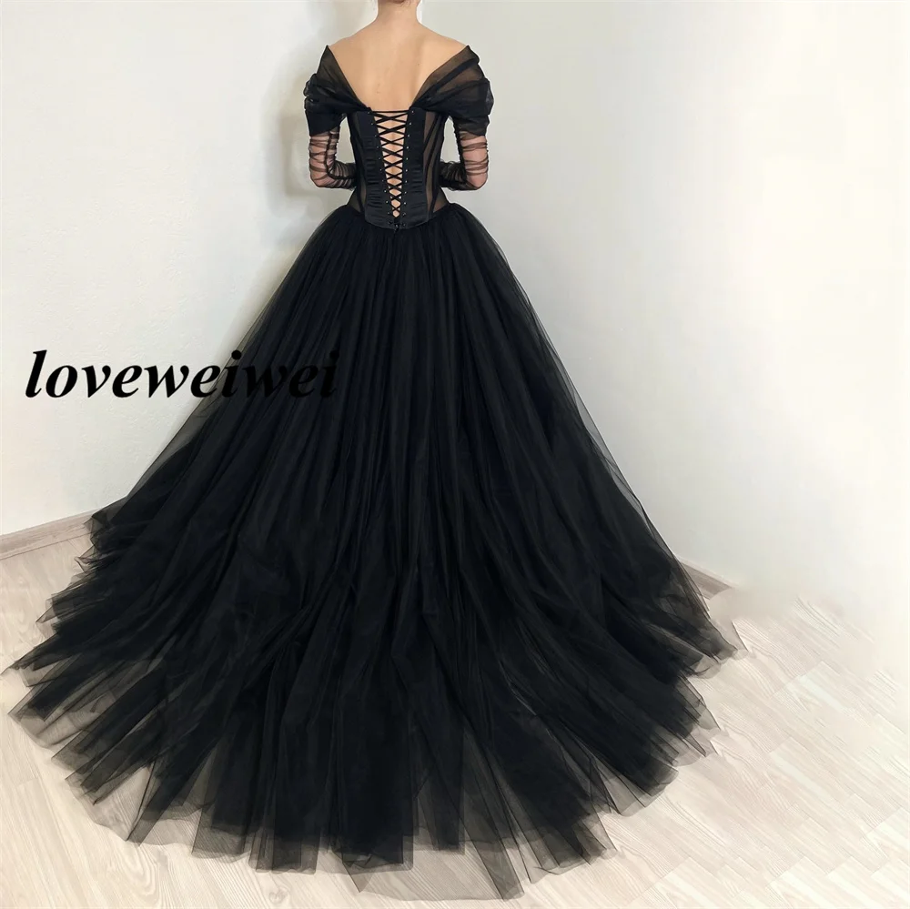 Sexy schwarze gotische Hochzeits kleid aus Schulter Korsett Abendkleider Tüll eine Linie bodenlangen Brautkleid vestido de novia