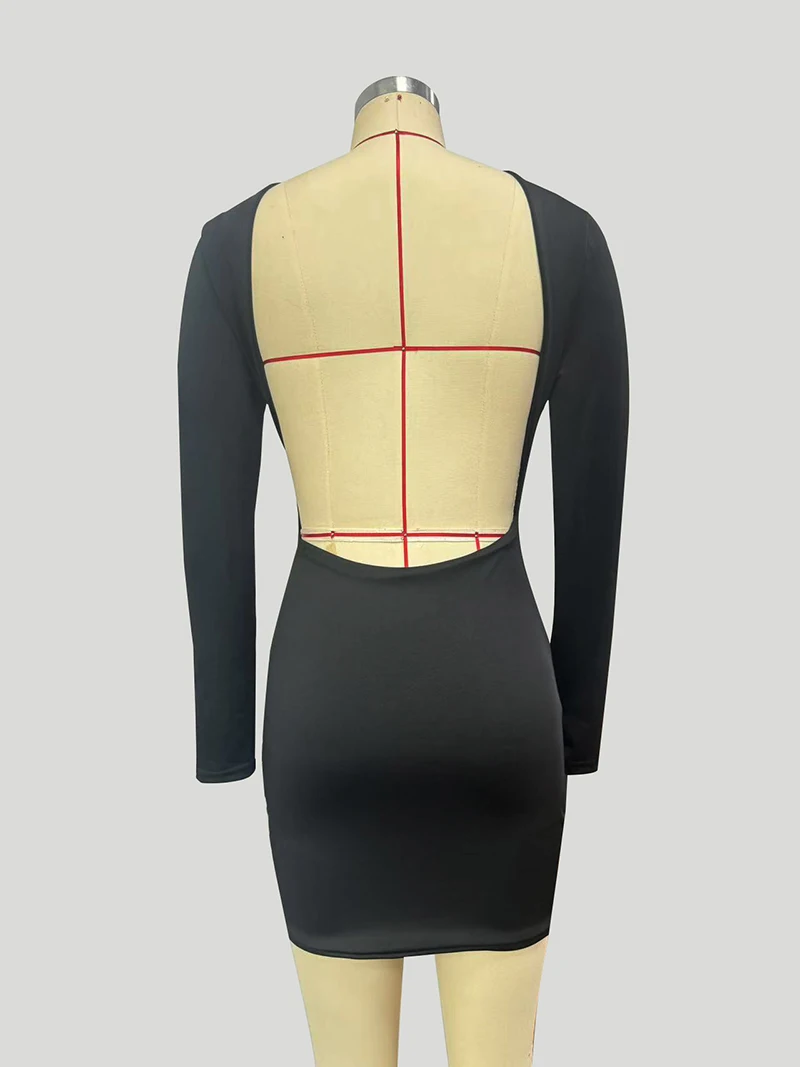 Schwarzes Mini-Kleid für Damen, Modisch, Sexy, Rückenfreies Partykleid, Damen-Streetwear, Koreanisches Design, Ausgeschnittene Langarm-Bodycon-Kleider, Neu – Detail 8