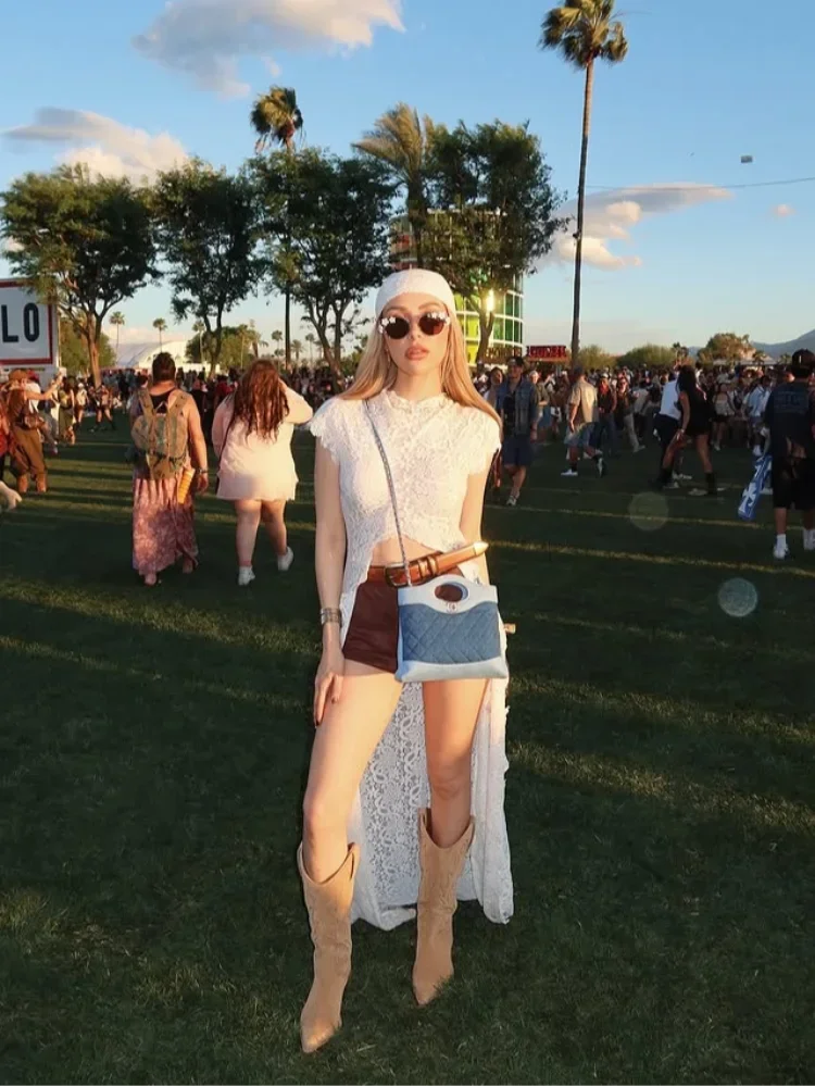 Conjunto de Pantalones Largos de Encaje Calado Chic con Cárdigan, Top Corto de Manga Corta con Cuello Redondo y Pantalones de Encaje de Pierna Ancha de Cintura Alta, Nuevos Atuendos de Dama 2026