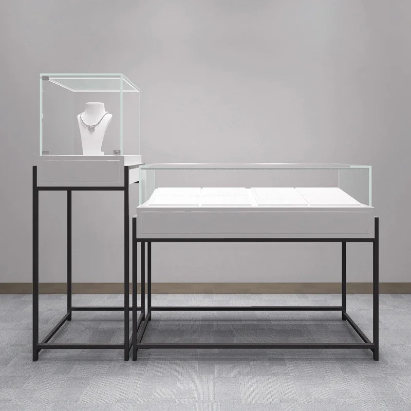 Custom Luxury Metal Glass Jewelry Display Cabinet, LED Light Shop Counter Showcase