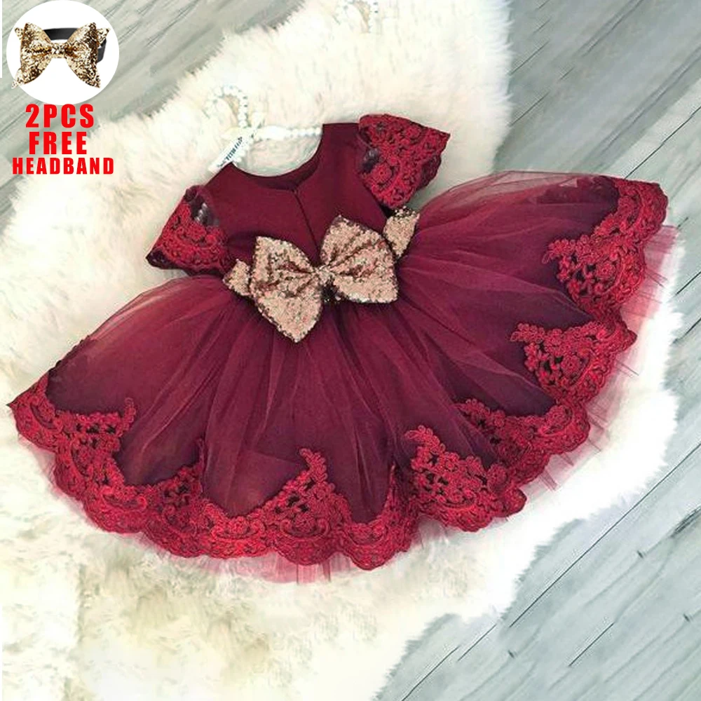 

Toddler Baby Red Sequin Dress Newborn 1st Birthday Bow Dress for Girls Wedding Princess Dresses Bridesmaid Baptism Evening Gown