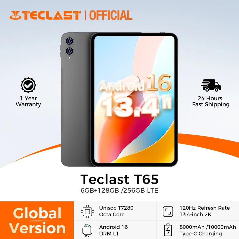 Teclast T65 13.4 Inches 2K 120Hz Screen Unisoc T7280 Octa Core Max 26G RAM 128GB ROM 8000mAh Battery Android 16 Tablets Dual SIM
