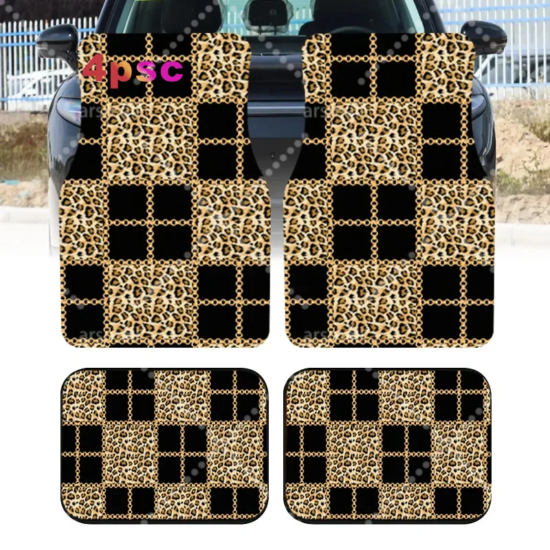 2pcs/4pcs Leopard Print Checkered Golden Chain Luxury Style Car Floor Mats, Universal Car Interior Mats, Durable, Suitable For V