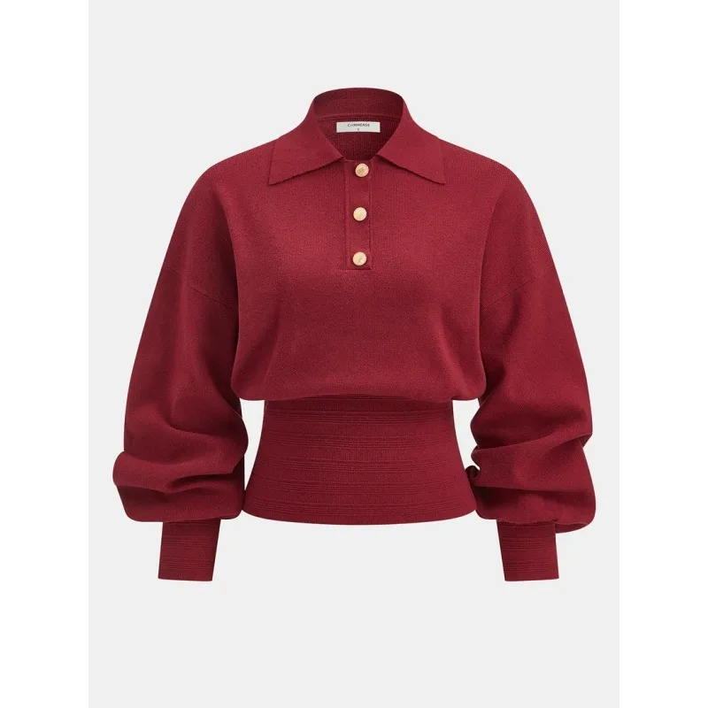 티나 새해 레드 니트 티셔츠 여성용 2025 가을 겨울 슬림 웨이스트 폴로넥 랜턴 슬리브 홀리데이 파티 197739