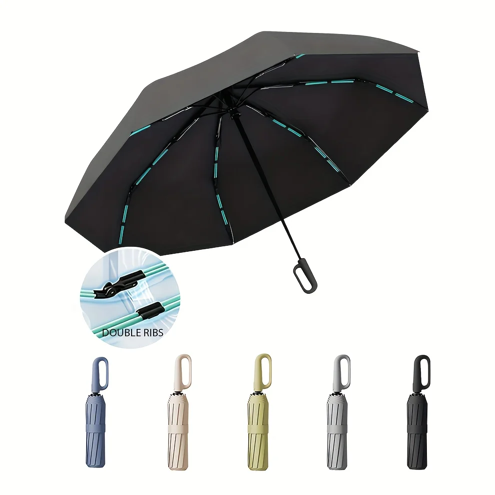 1er-Pack, zusammenklappbarer automatischer offener 8-Rippen-Regenschirm, tragbarer Hakenschirm, kompakter Reiseschirm, leichter Mini-Regenschirm, bedruckt und einfarbig