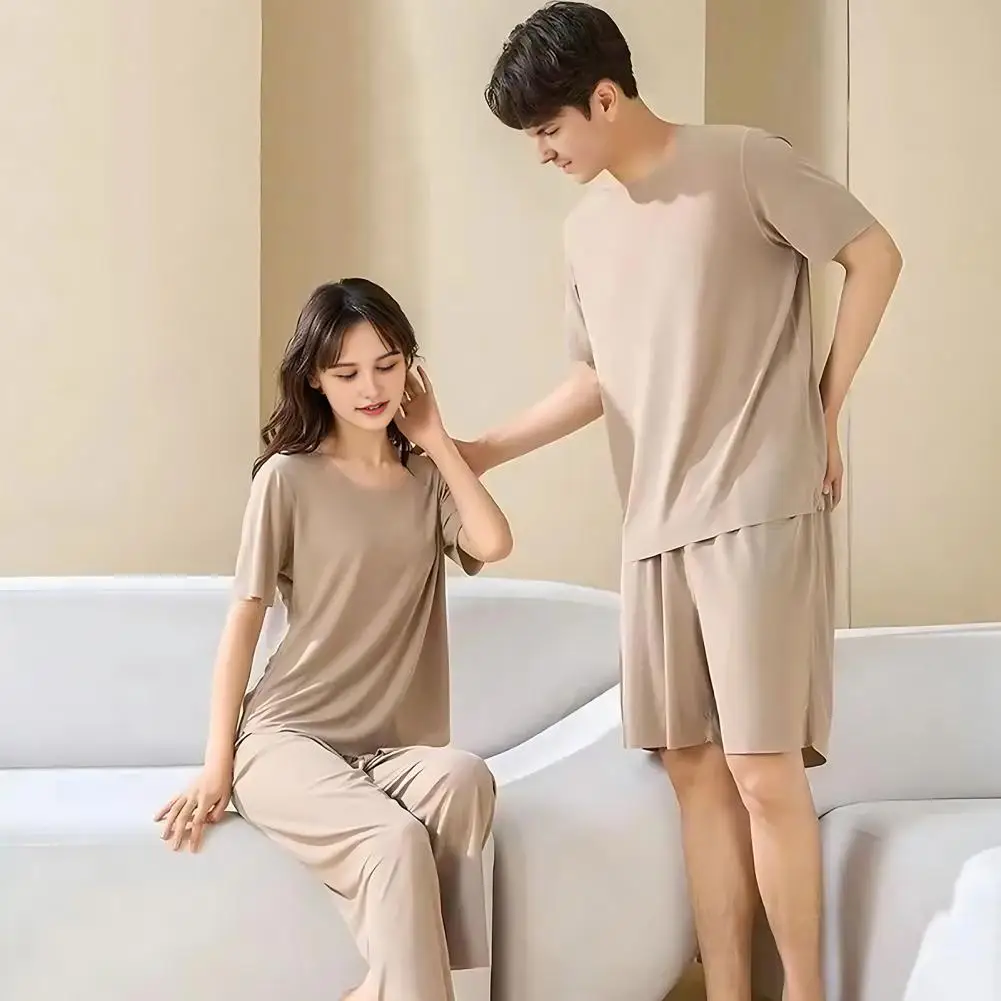 Moisture Wicking Pajamas Womens Ice Silk Pajamas Set 2-piece Short Sleeve Crewneck T-shirt Long Pants Sleepwear Soft Summer