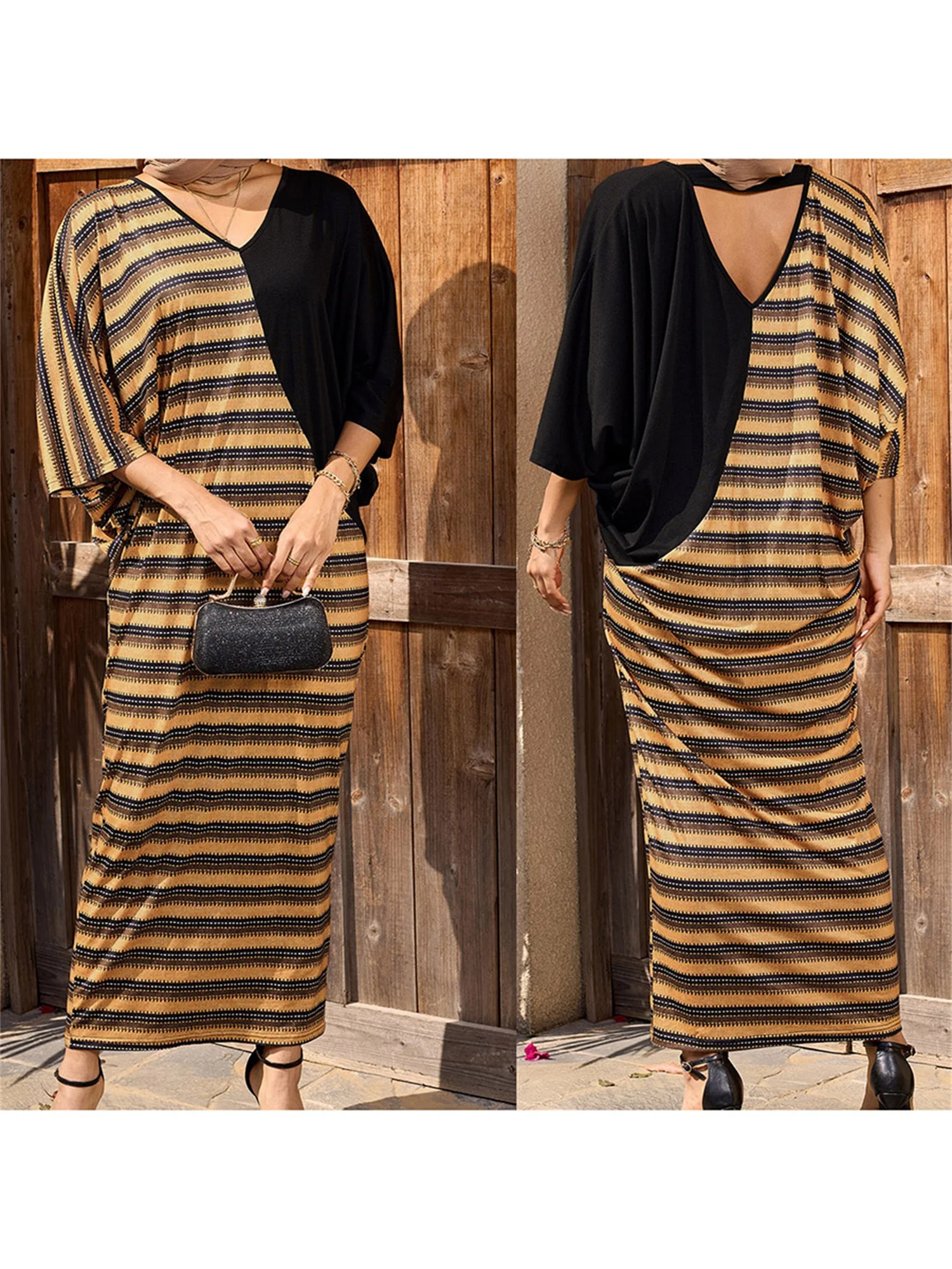 Elegant Moroccan Style Maxi Dress with Geometric Pattern Flowy Sleeves and Flattering V-Neckline for Summer and Spring Fashion