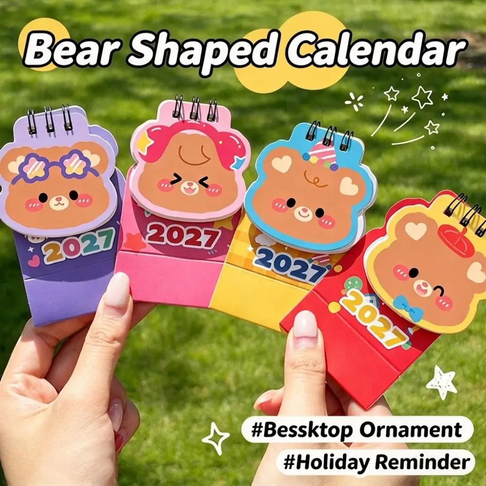 Kawaii Cartoon Bear Desk Calendar Cute Bear Portable Mini Desktop Calendar Mini Standing Calendar Desktop Decoration