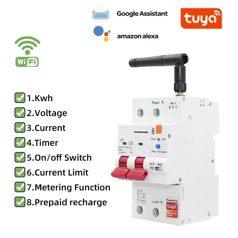 Tuya Smart WiFi Disjuntores, sobrecarga MCB, proteção contra curto-circuito, recluso automático, casa, 1P-4P, 63A