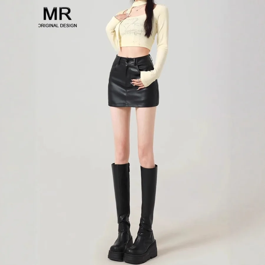 

【HOT】Black pu leather skirt high waist skirt women's autumn-winter new small figure lining short pants bags pants