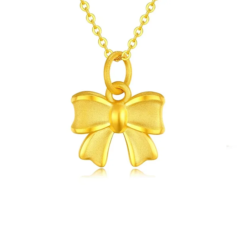 18k Pure Gold Color Solid Bow Necklace Pendant for Women Lucky Yellow Gold Chain Necklaces Engagement Wedding Fine Jewelry Gift
