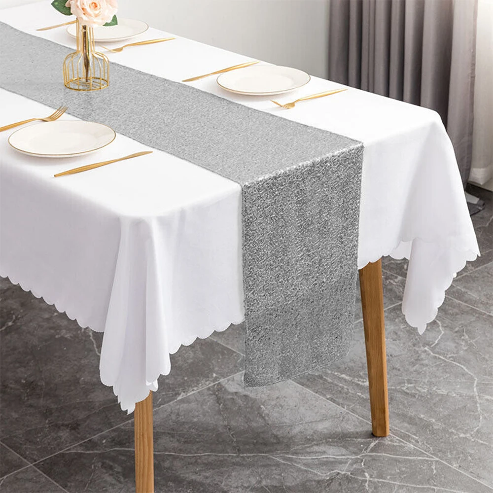 12''x108''Glitter silvery Sequin Table Runner,Table Cloth Sparkle for Wedding Dining Party  Birthday Baby Shower Table Runner De