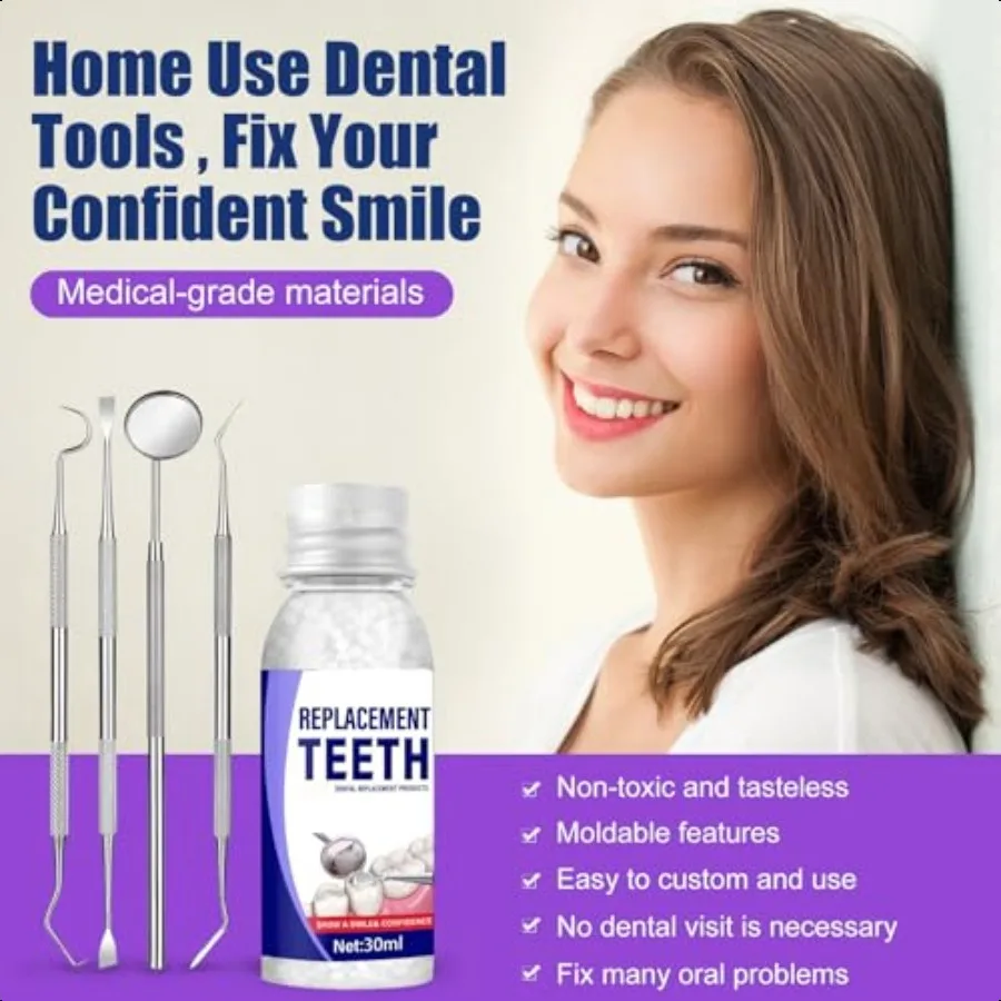 Kit de reparación de dientes, Kit de reparación de relleno de dientes moldeable con 4 herramientas dentales que fijan los reemplazos de dientes faltantes y rotos, Make Yo