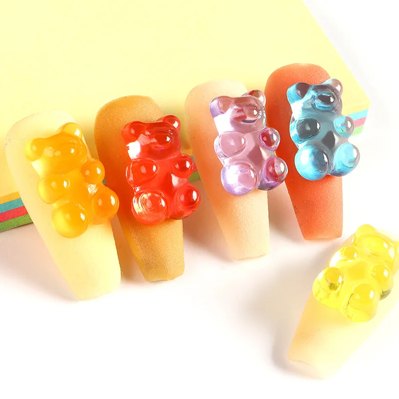 20 PCS Kawaii Nail Art Gradient Color Gummy Bear Decoration Cartoon Transparent Jelly Candy Resin Charms Rhinestones Bulk