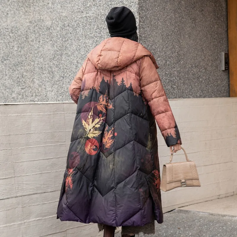 Ethnic style down jacket for women, retro mid to long style, knee print, plate buckle, white duck down, winter outfit, hooded