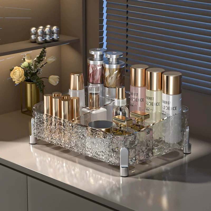 Glacier-print Desktop Makeup Organizer with Legs Clear Lipstick Split Vanity Storage PET Organizer Makeup Organizer Box