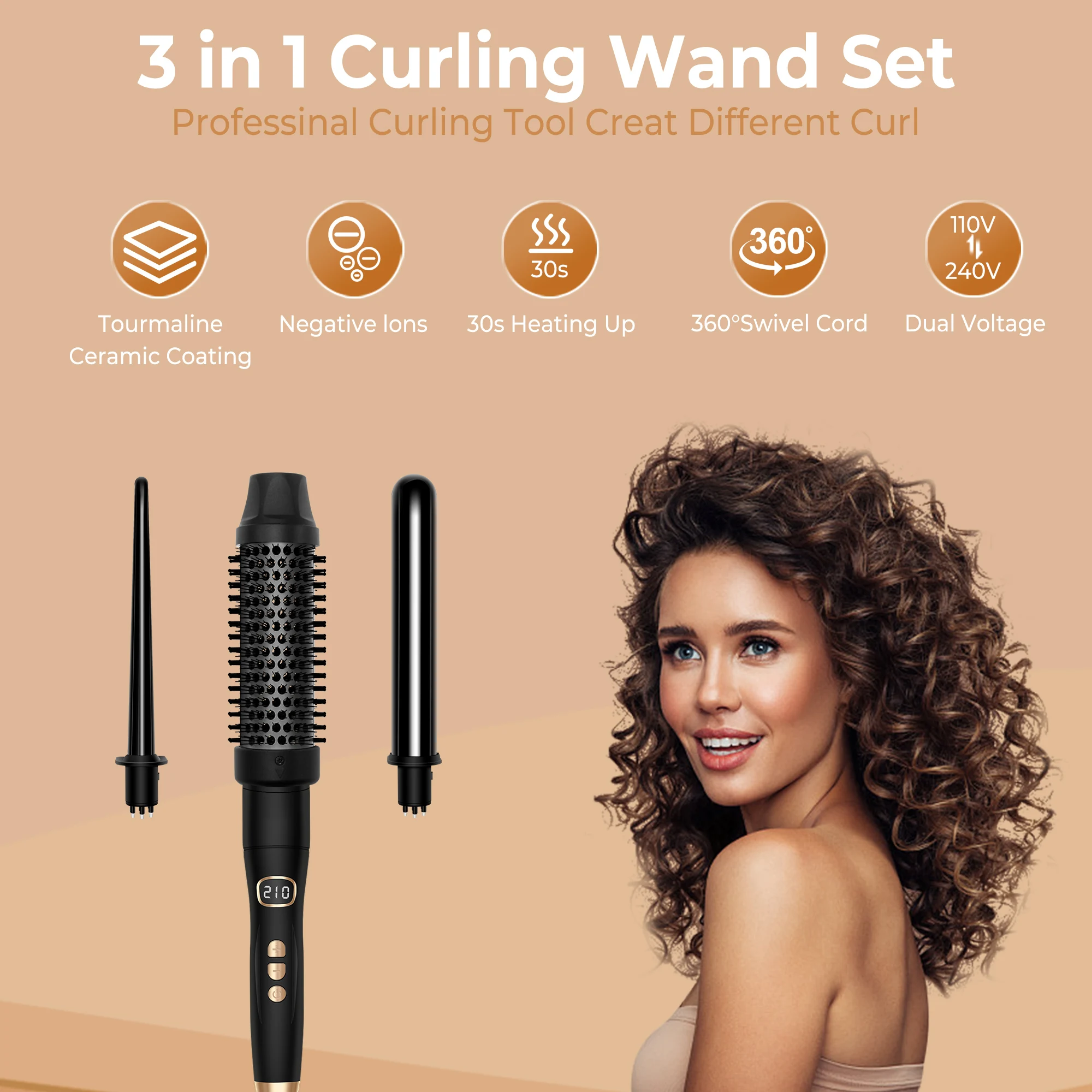 3 in 1 Curling Iron Barrel Hair Crimper Iron Curling Wand Hair with Fast Heating Up Crimper Wand Curler for All Hair Types