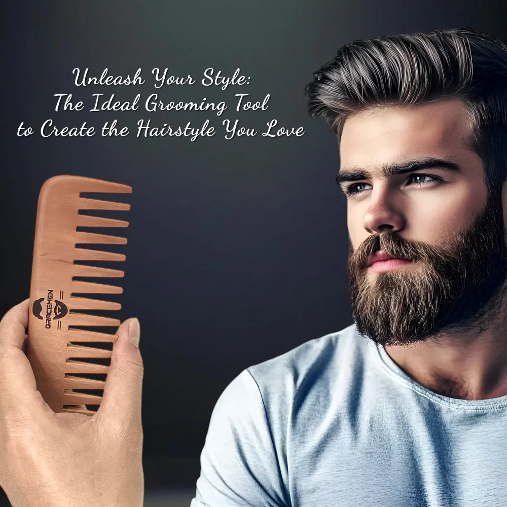 The Gracemen Natural Wood Beard Comb Wide Teeth Detangling Wooden Hair Comb with PU Leather Sleeve