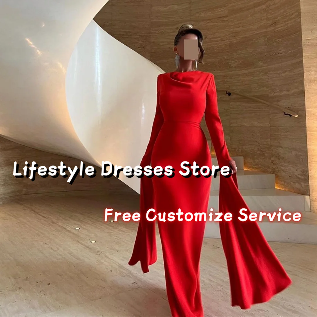 

Long Slit Sleeves Noble Evening Dresses Red Sheath Party Dress Back Slit Cocktail Prom Gowns Arabia Formal Dress