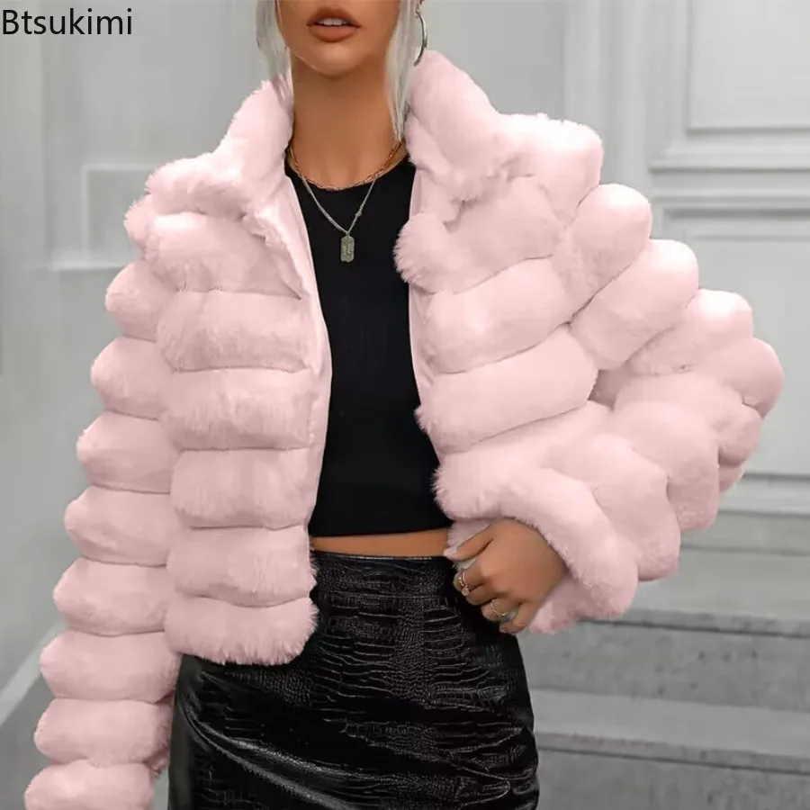 2025 New Autumn Winter Women Faux Fur Jacket Solid Color Stand Collar Faux Fur Short Coat Fashion Luxury Coat Female Streetwear