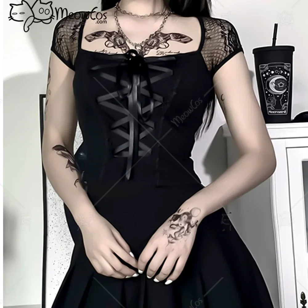 

MEOWCOS Woman Casual T-Shirt Gothic Corset Top Lace Spliced Tie-Front Short Puff Sleeved T-Shirt Top