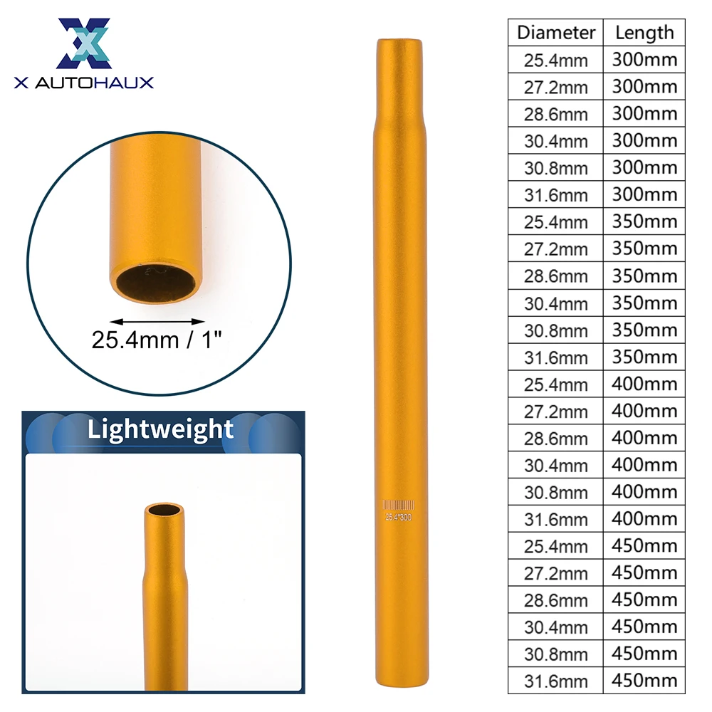 

X Autohaux Bike Seat Posts 25.4x300mm Lightweight Post Seat Tube Gold Tone Aluminum Alloy