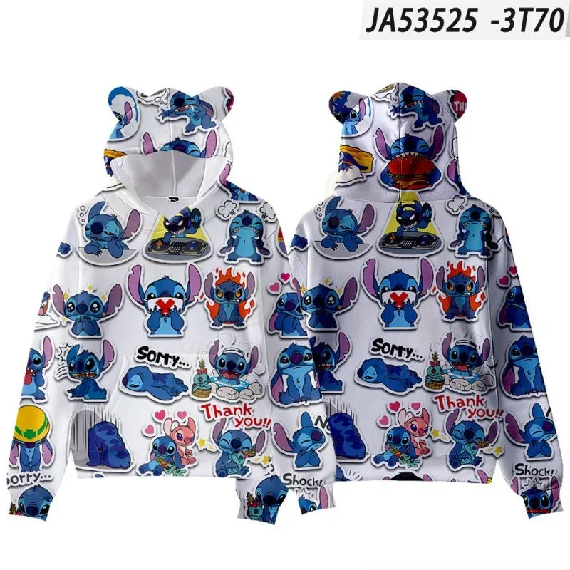 2023 Anime Dis Stitch and Lilo Sweatshirts Cat Ear Long Sleeve Hoodies Boys Girls Women Pullover Cute Tops Hoodie