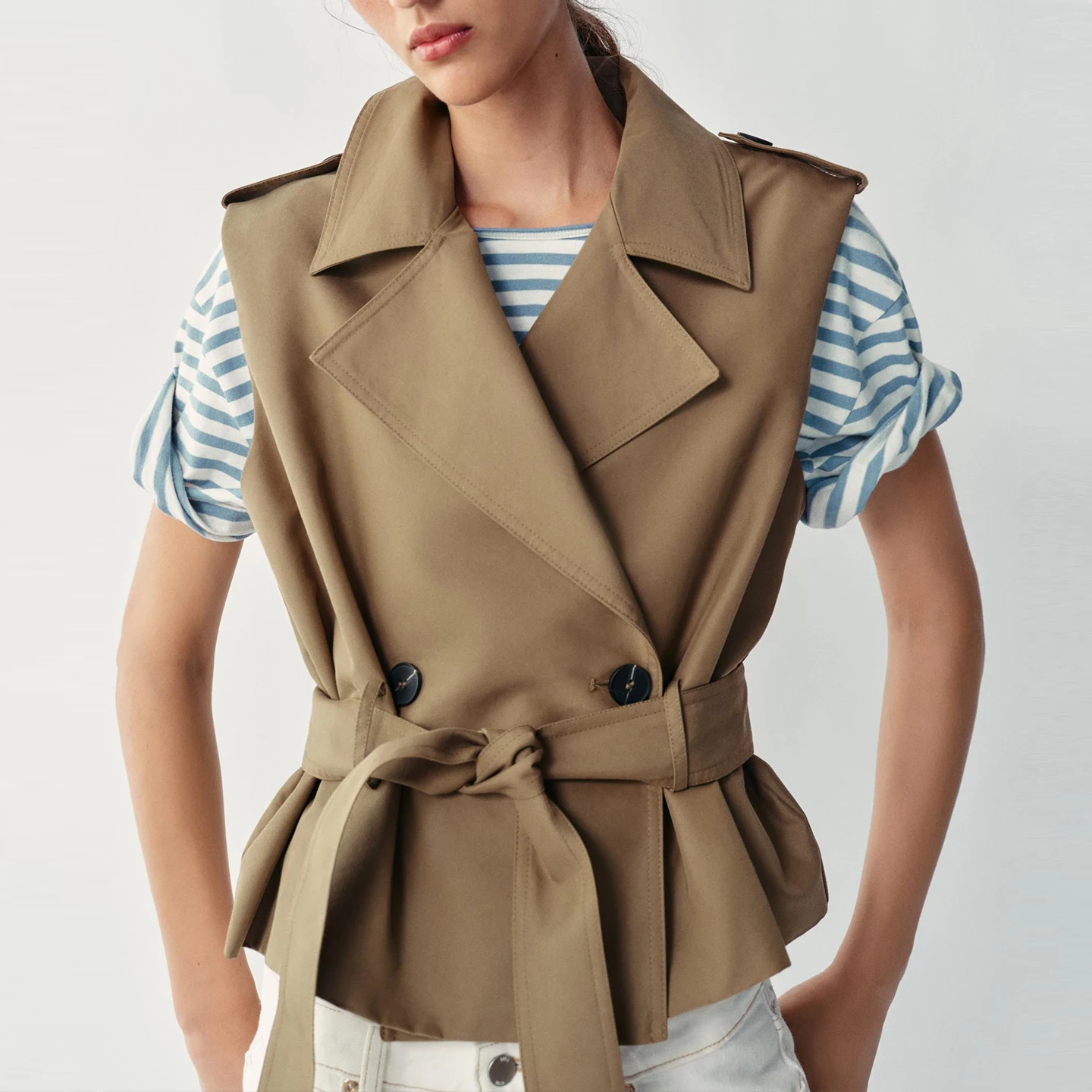 Women's Summer 2026 New Style Sleeveless Double-Breasted Belted Vest Flip Collar Strap Decorated Wide Waistband Outerwear