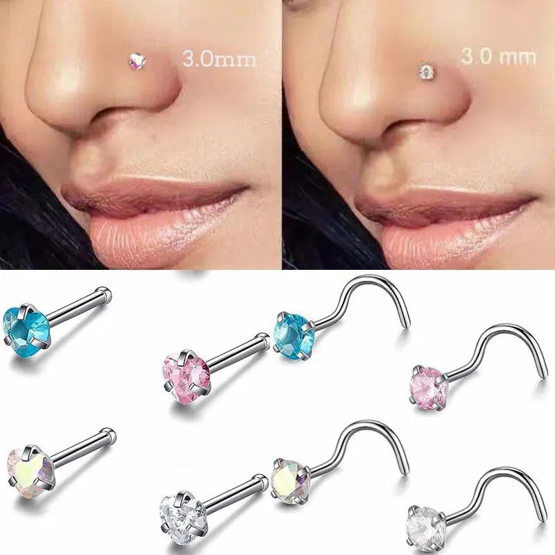 1Pair 20G Surgical Steel Nose Stud Rings For Women Round Heart Star Square Crystal Zircon Screw Bend Nose Piercing Jewelry Gift