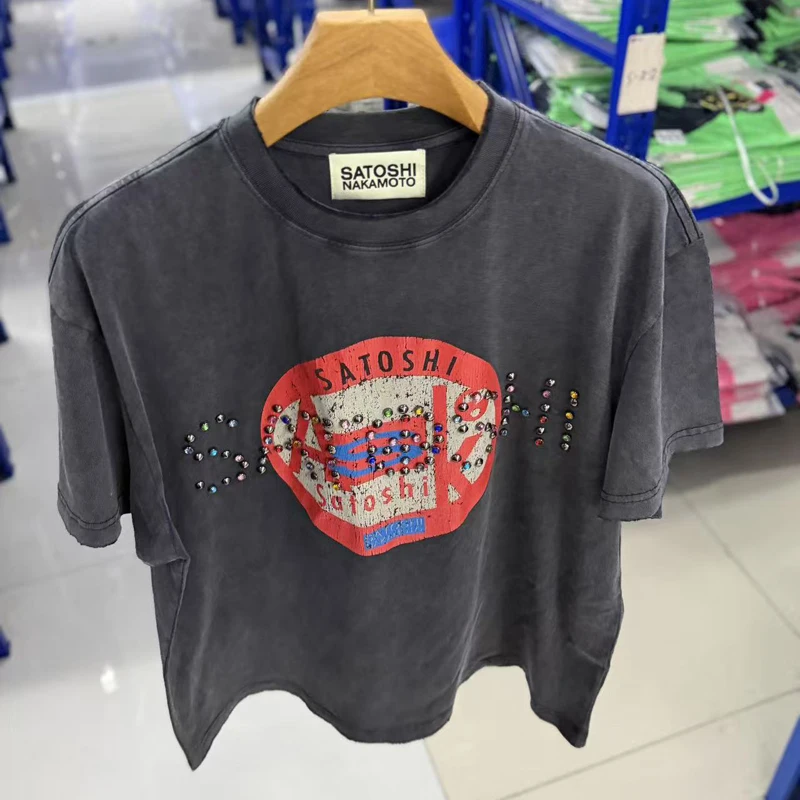 Satoshi Nakamoto T-shirts 26SS Trend Brand Hand Beading Letter Burst Print Loose Washed Retro Short Sleeved Tee