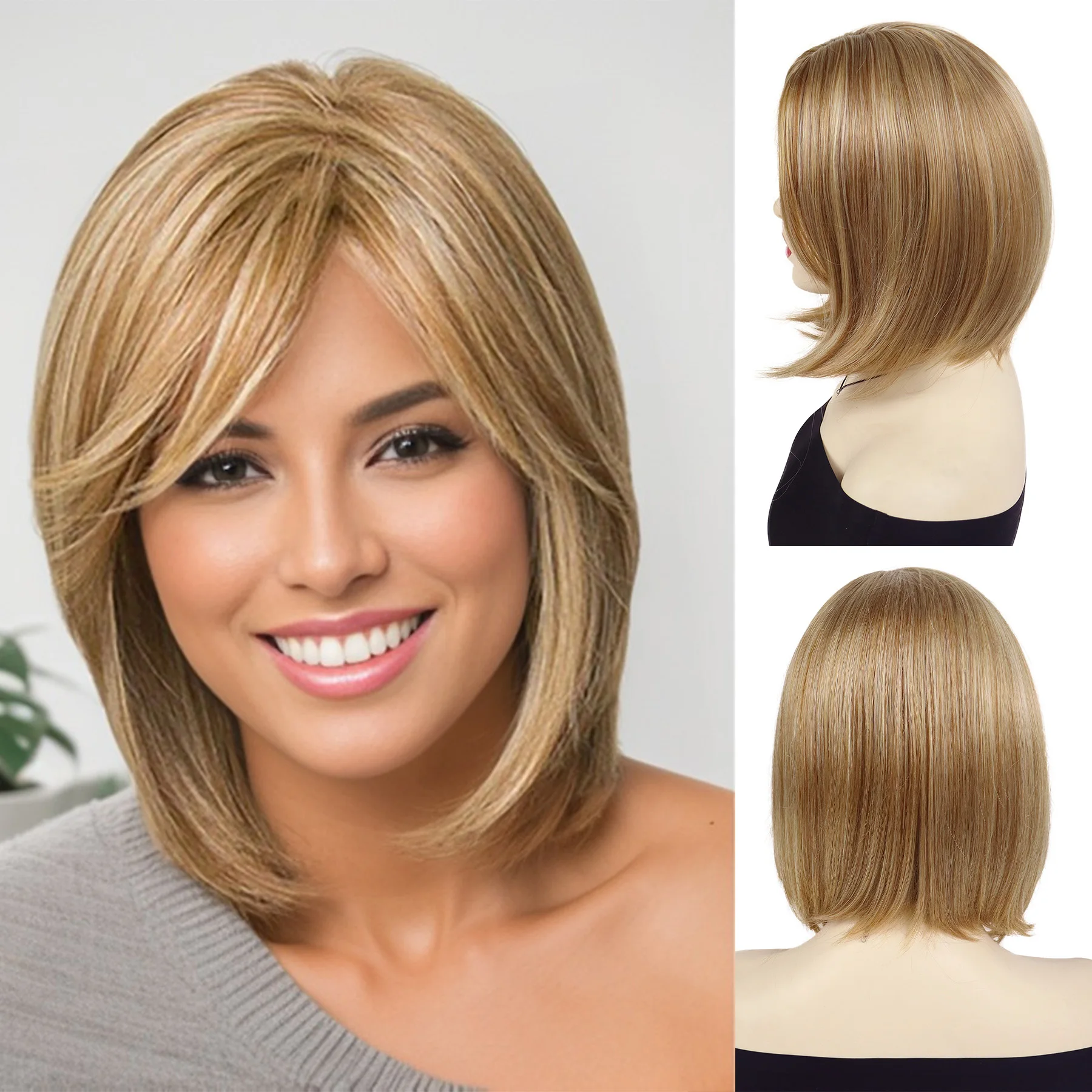 

Short Blonde Bob Wigs with Bangs Natural Straight Wig for Women Daily Halloween Costume Party Casual Ladies Wig Heat Resistant