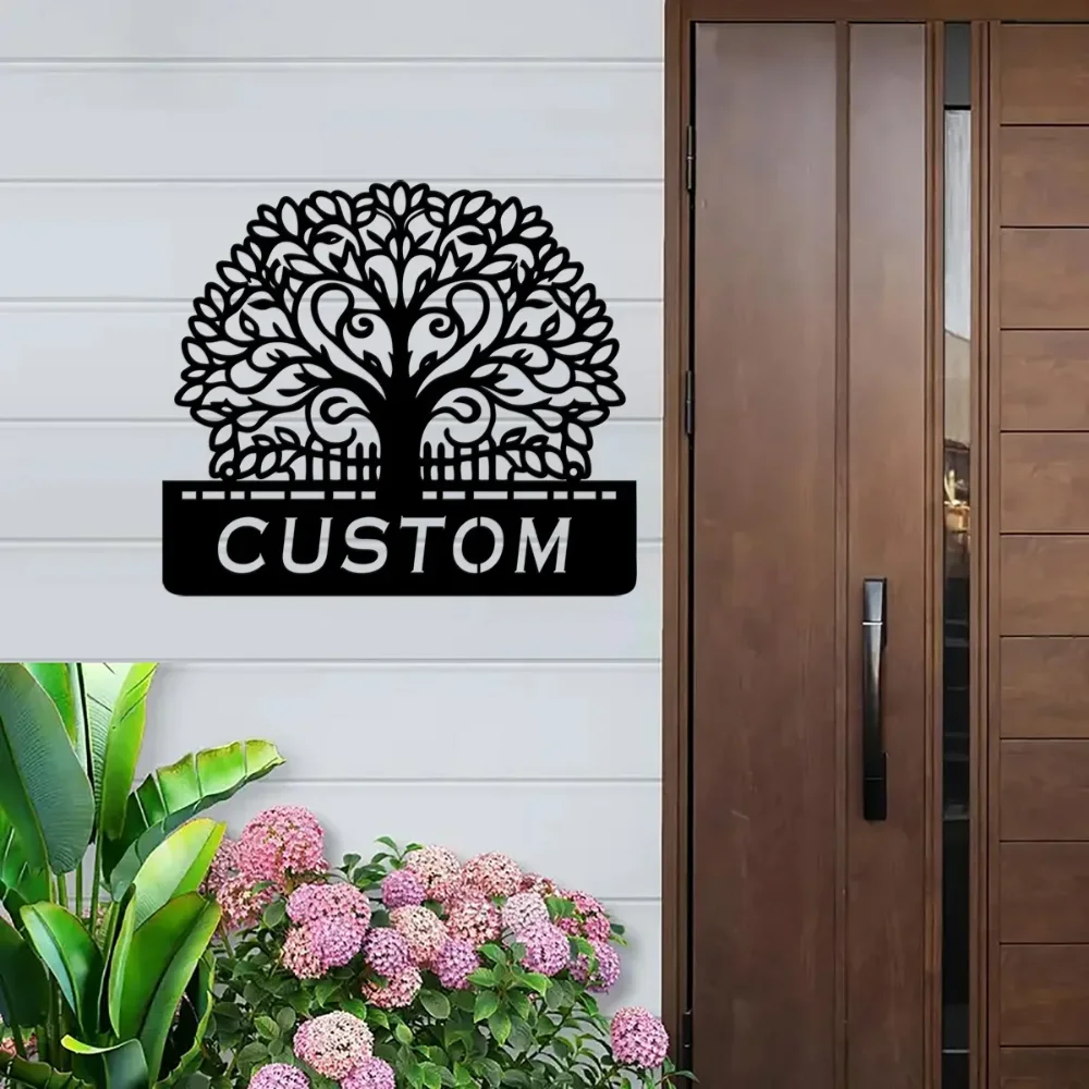 Letrero de Metal personalizado con diseño de árbol de la vida, arte de pared, letrero con nombre de familia, decoración de pared de árbol, regalo de inauguración de la casa