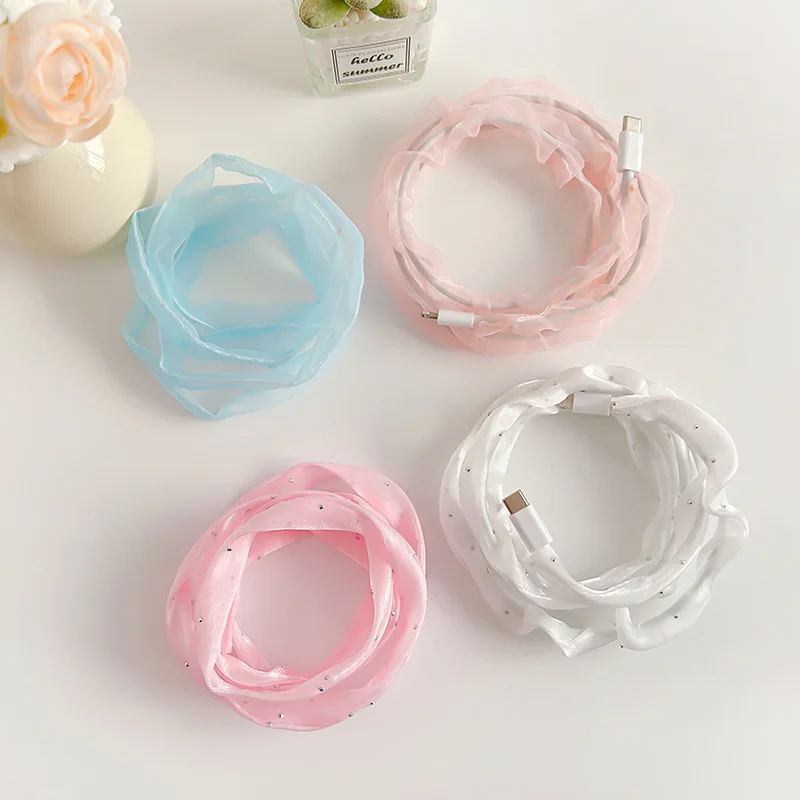Suitable for Apple Type-C Android Huawei Fashion Color Folded Chiffon Fabric Data Cable Cover Hairband with Diamond Protection
