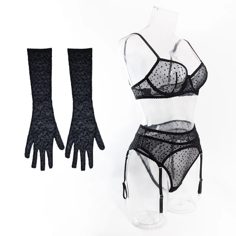 Сексуальное женское белье, новый бюстгальтер пуш-ап в горошек, нижнее белье, четыре комплекта, сексуальные бюстгальтеры, боди, ночные рубашки с перчатками, сексуальное нижнее белье