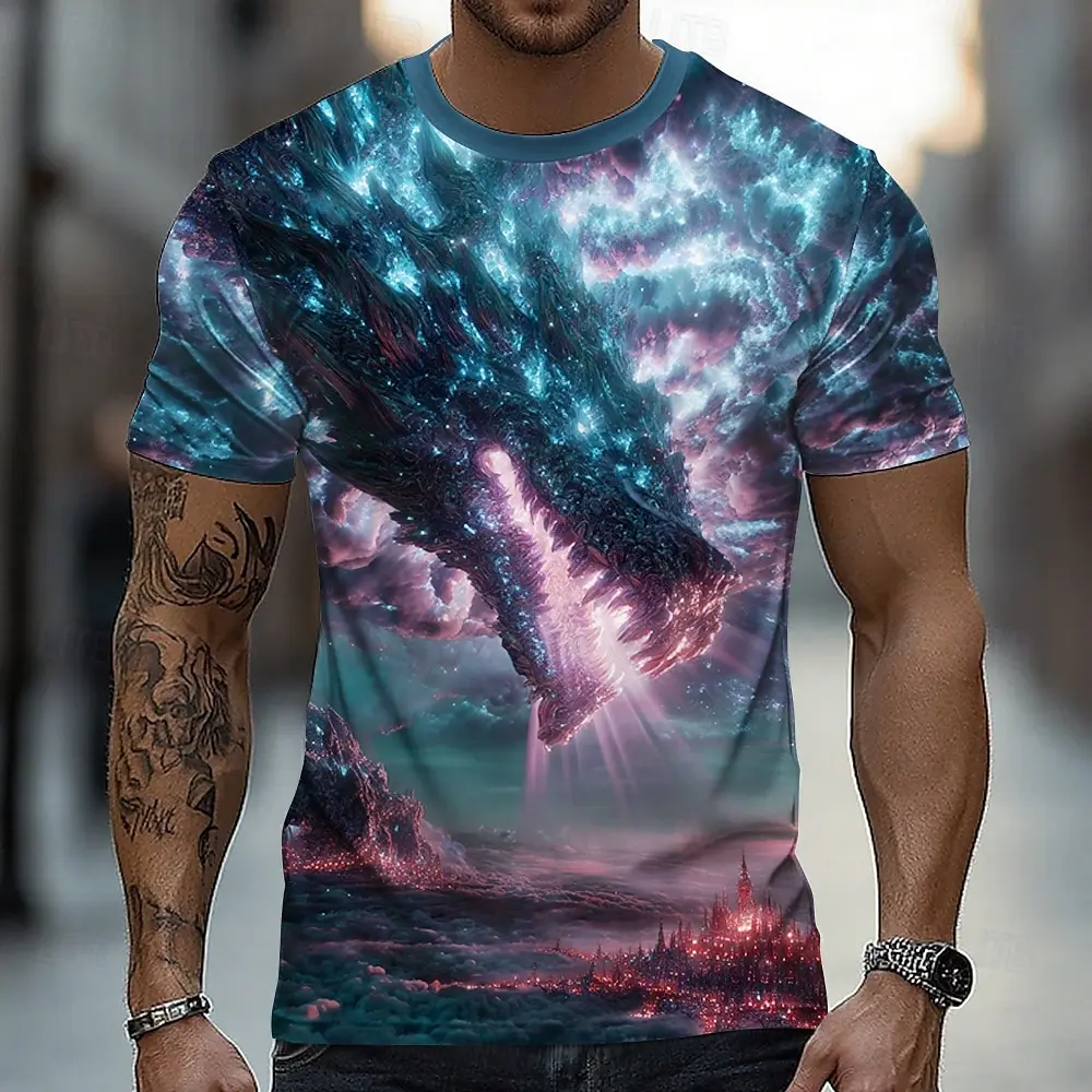 

3D Printing Round Neck Short-sleeved T-shirt Personality Trend Loose Top Summer Men's Bizarre Dragon Series Fashion Street