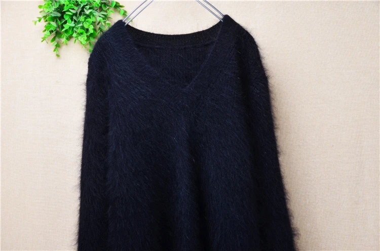 Women Mujer Autumn Winter Clothing Black Hairy Angora Rabbit Hair Knitted V-Neck Long Sleeves Loose Pullover Sweater Jumper Pull