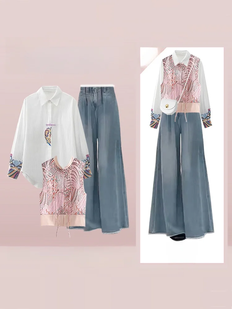 

New Autumn Winter Chinese Sle High Waist Slimming Denim Vest Women's Long Sve irt Set High Waist Jeans Top Tee Piece...