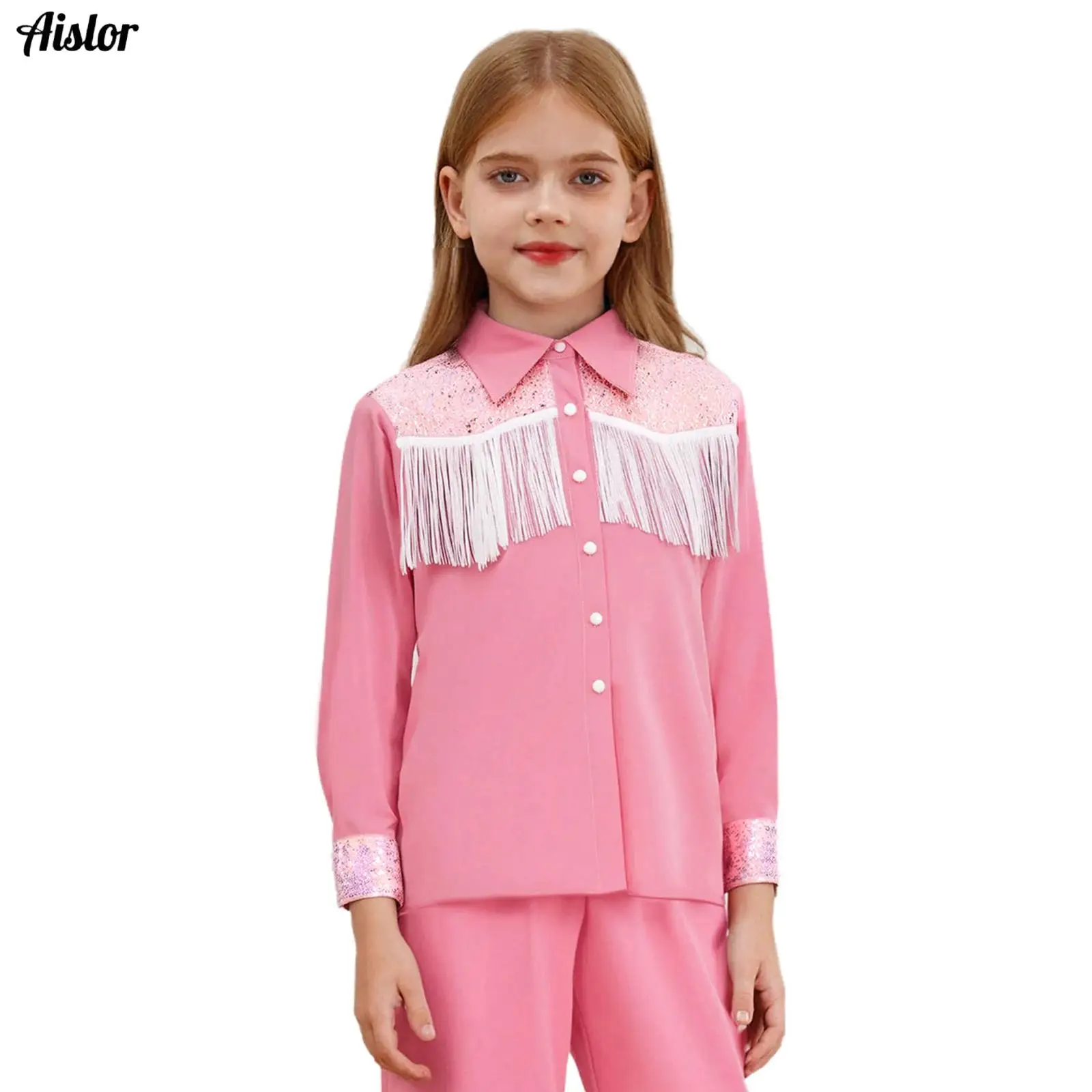 

Girls Steampunk Western Cowgirl Costume Lapel Long Sleeves Button-down Shirt Sequins Fringe Shirt Top Halloween Dress Up Costume
