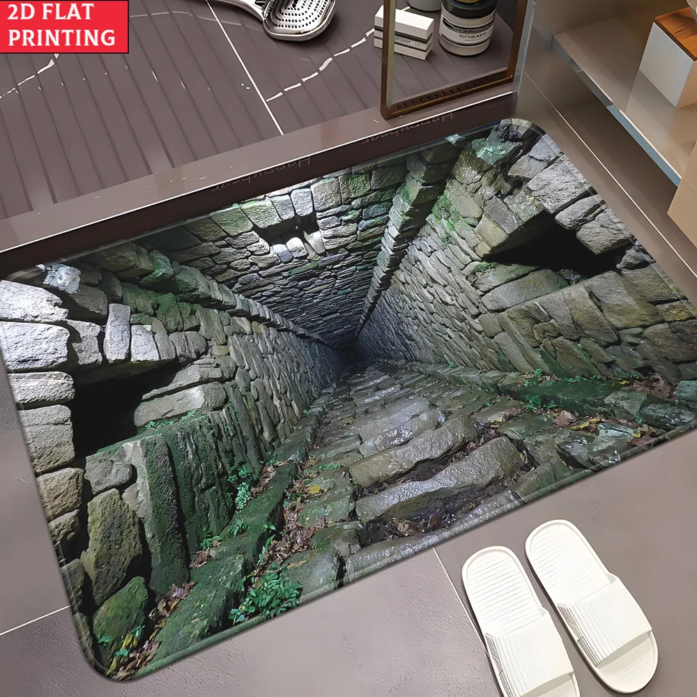 2D Flat Stone Tunnel Optical Illusion Doormat, Non‑Slip Machine‑washable Floor Decor, Ornament for Bathroom, Bedroom,Living Room