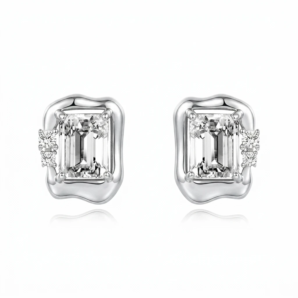 

Emerald Cut Moissanite Irregular Earrings, Rhodium Plated S925 Silver, Valentine's Day Gift for Her