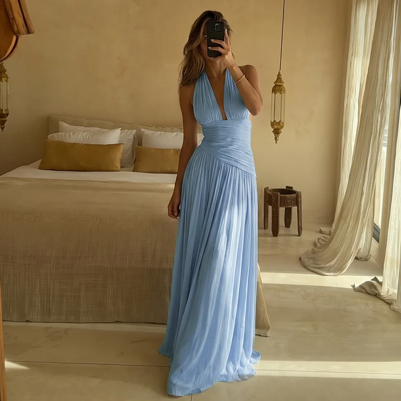 Hugcitar Elegantes Maxikleid mit V-Ausschnitt, gerafftem Rücken, Schnürung, Patchwork-Mesh, sexy Plissee, für Strand, Urlaub und Party – Detail 12