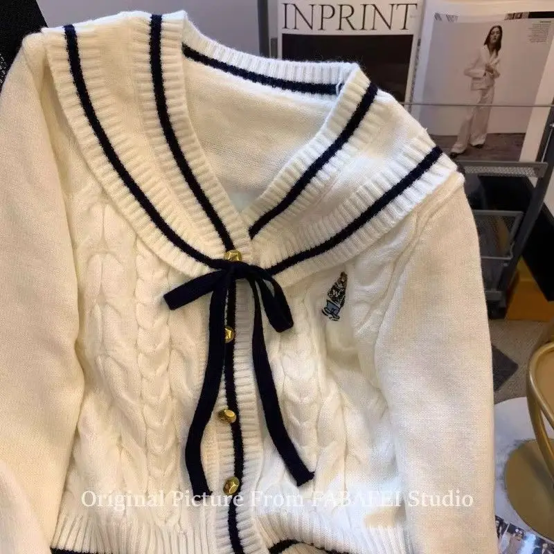 Sailor Collar British Style Bow CardigansTwists Knitted Sweater Women Coats Long Sleeve Autumn Winter College Korean Sweater New