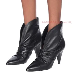 Pointed Toe Pleated Short Boots Women Super High Spike Heels Slip On Patchwork Genuine Cow Leather Boots British Style Shoes