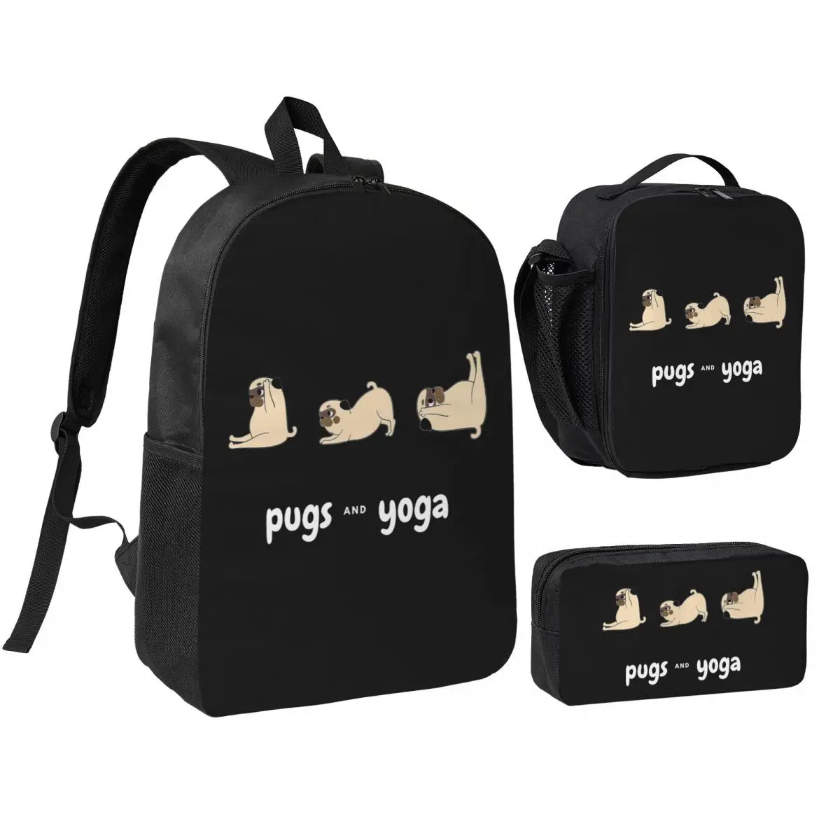 Mochila Pug Yoga para estudantes, bolsa escolar, bolsa de ombro, 3 peças, bolsa térmica para almoço, estojo para lápis